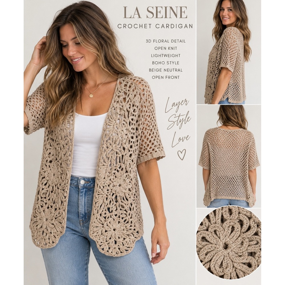 La Seine Beige Crochet Cardigan 3D Floral Open Knit Boho Short Sleeve Sweater